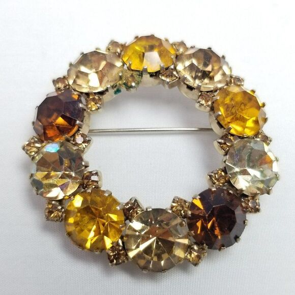 Vintage Karu Arke Inc Orange Yellow Amber Rhinestone Circle Brooch Pin Prong Set - Picture 1 of 7